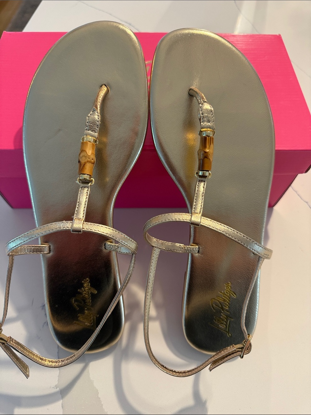 Lilly Pulitzer Leena Metallic Gold Women's T-Strap Sandals with Bamboo Accent